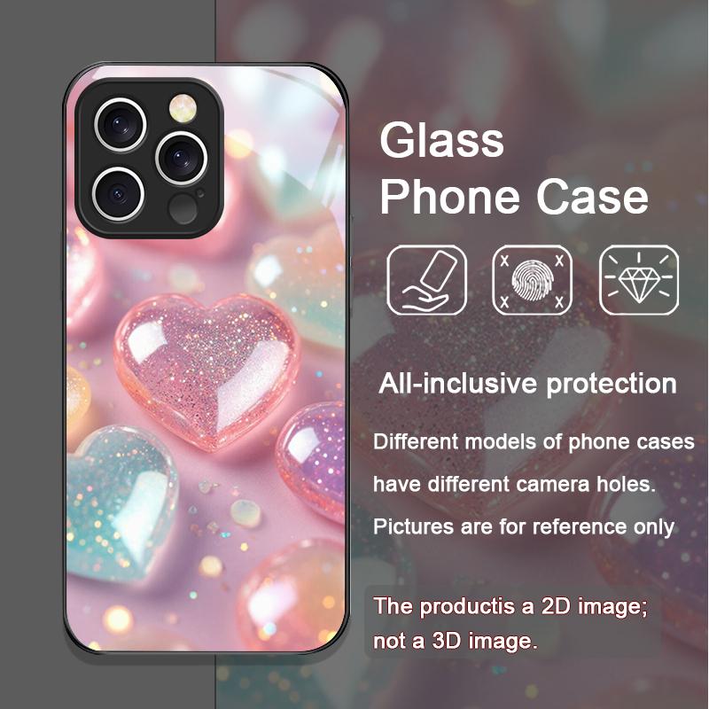 Stylish Pink Heart-Shaped Crystal Tempered Glass Phone Case for iPhone 17 16 Pro Max 15 14 13 12 11 Mini XS XR 7 8 14 Plus Cover