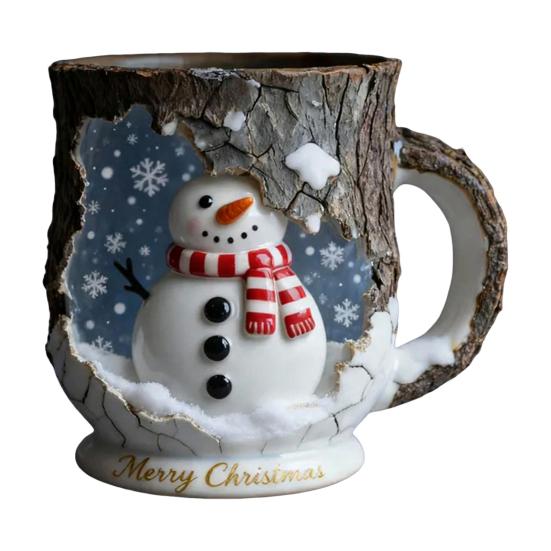 Festive Christmas Mug 3D Tree Bark Texture Themed Santa Reindeer Coffee Cup Resin Holiday Decor Novelty Gifts