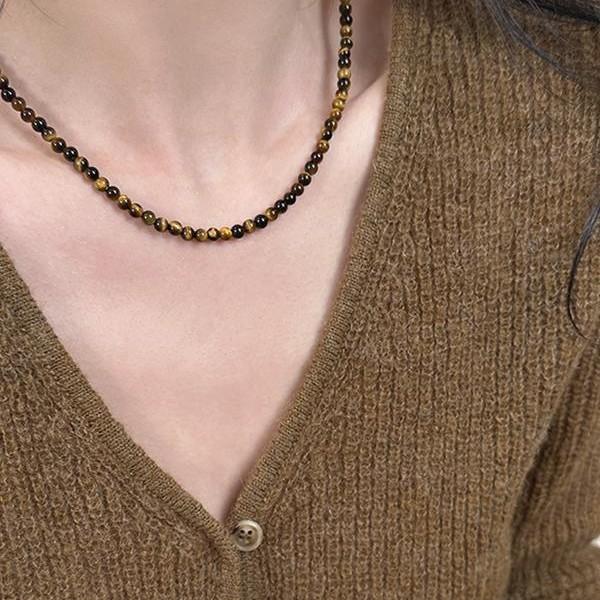 Maillard Tiger Eye Stone Beaded Coin Pendant Necklace, High-End Light Luxury Women's New Style