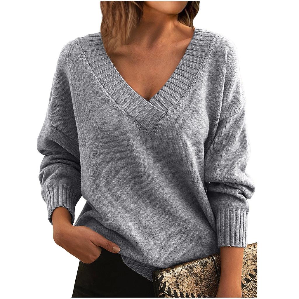 Women's Fashion Casual Solid Color Sweater Set Head V Neck Warm Long-sleeved Sweater