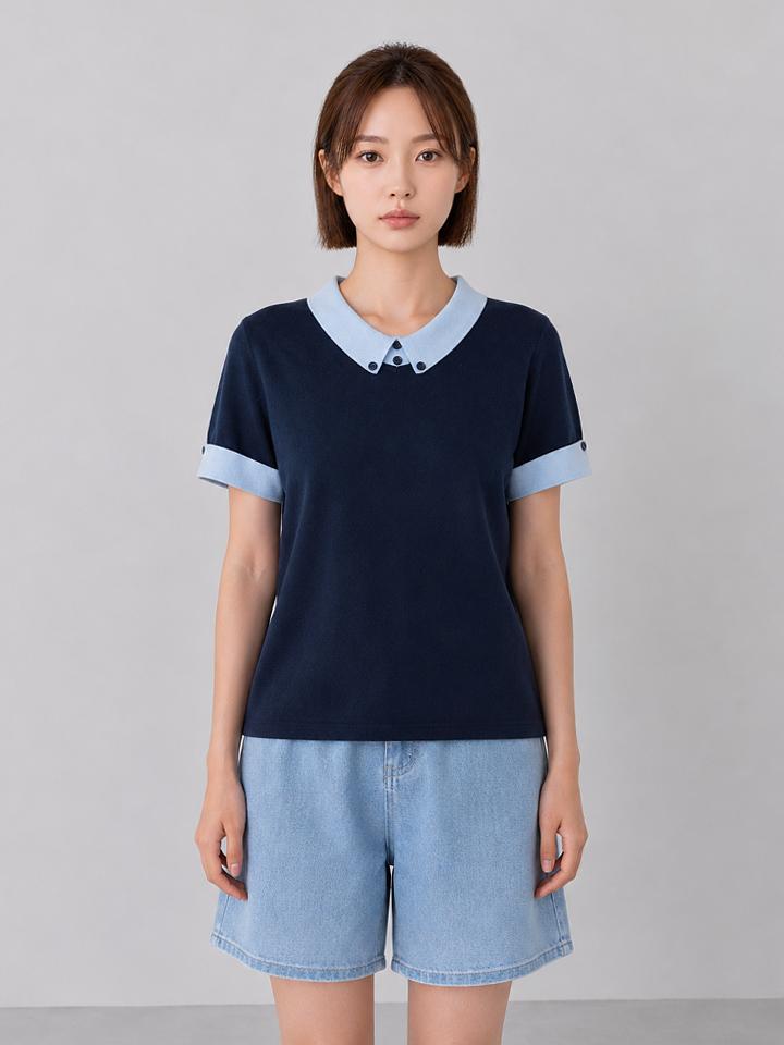 Page Flynn Button Collar Contrast Ribbed Knit_S6Bkn003C Navy/Free