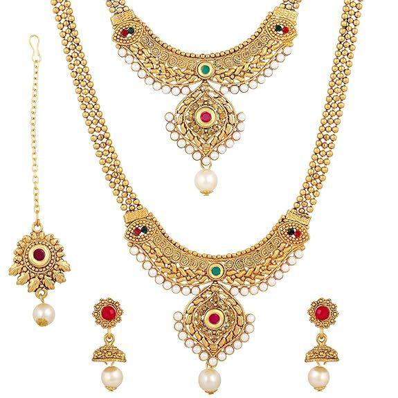 18k Gold Plated Long Short Necklace Combo Stylish Traditional Pearl Jewellery Set for Women