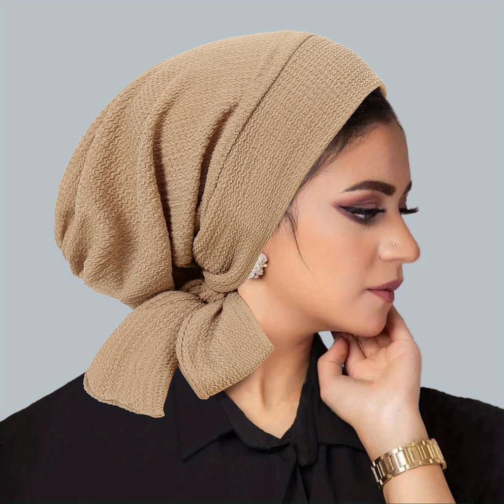 Women's Polyester Knit Beanie with Wave Pattern and Long Tail - Elastic Fit, No Feathers, Chemotherapy Headscarf Hat