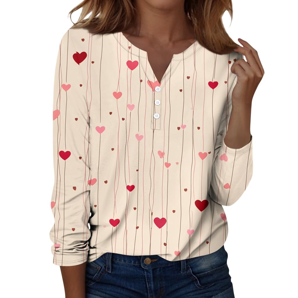 Damen T-Shirt mit Weihnachtsdruck, Knopfleiste, lange Ärmel, für den Alltag, Wochenende, modisch, Basic, V-Ausschnitt, normales Oberteil