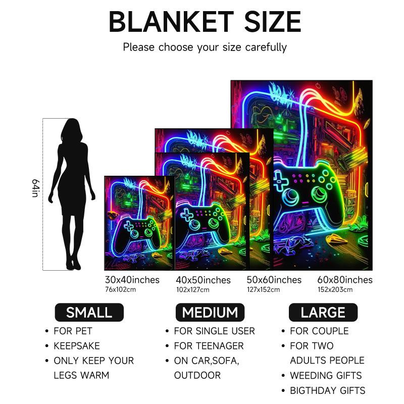 1 Piece Neon Game Controller Theme Flannel Blanket, Perfect for Sofa, Bed, Office. Ideal Gift for Family, Friends, Holidays.