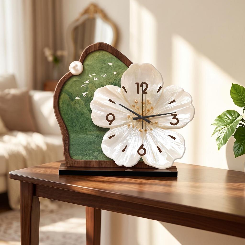 Relógio de Flores Silencioso Decorativo com Base Estilo Antigo para Escritório, Hall de Entrada