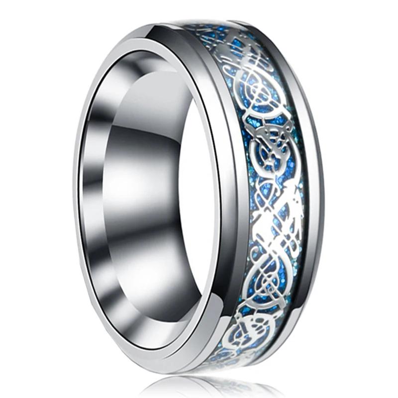 Fashion 8mm Men's Stainless Steel Celtic Dragon Ring Inlay Red Green Black Carbon Fiber Ring Wedding Band Charm Jewelry Gifts