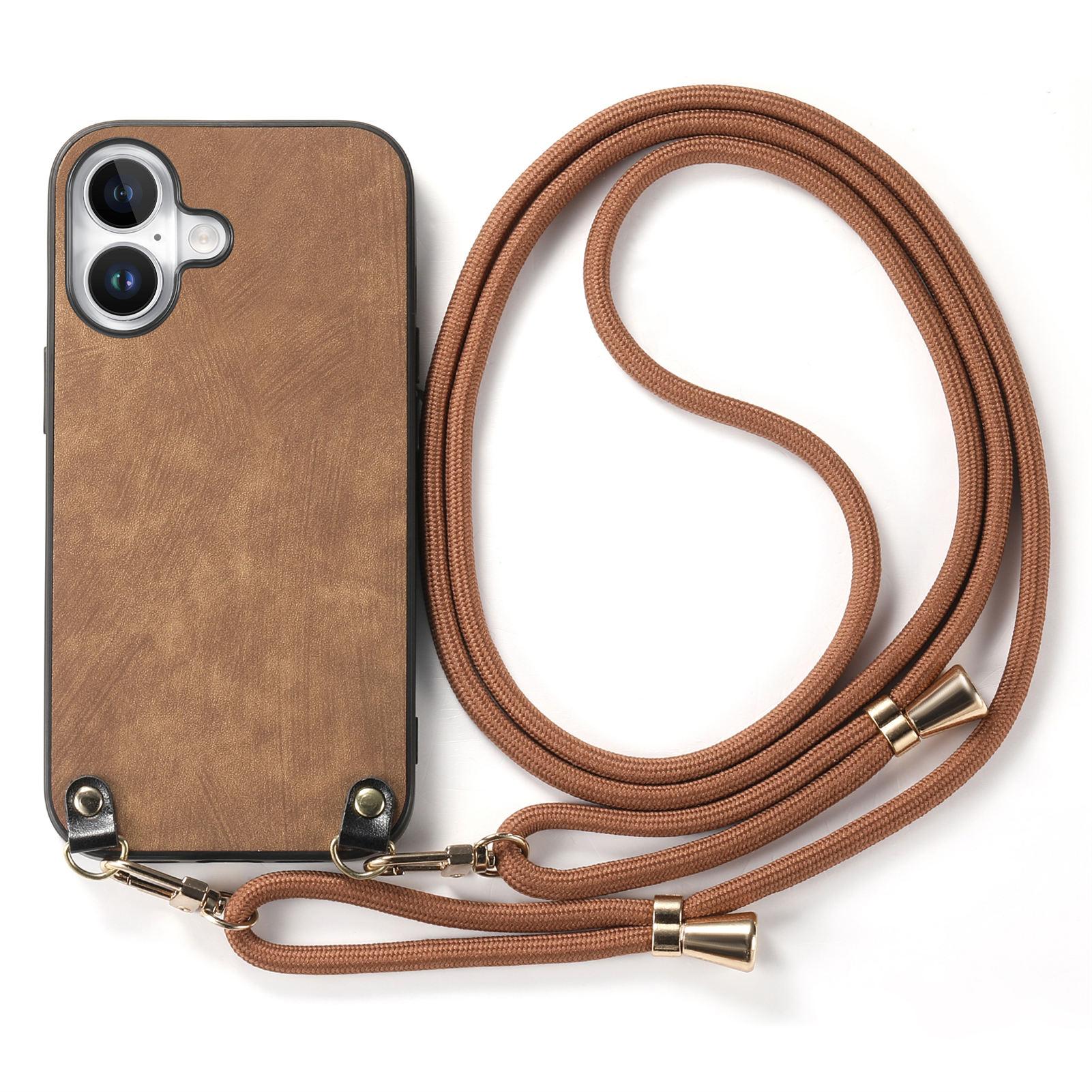 

For iPhone 16 Retro Leather Phone Back Cover with Adjustable Strap Black