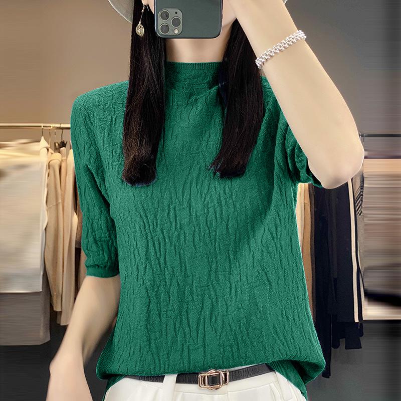

Spring Knitted Loose Plus Size Pleated Pattern Women s Mid Sleeve Top with Half High Neck XXL смарагдовий/зелений