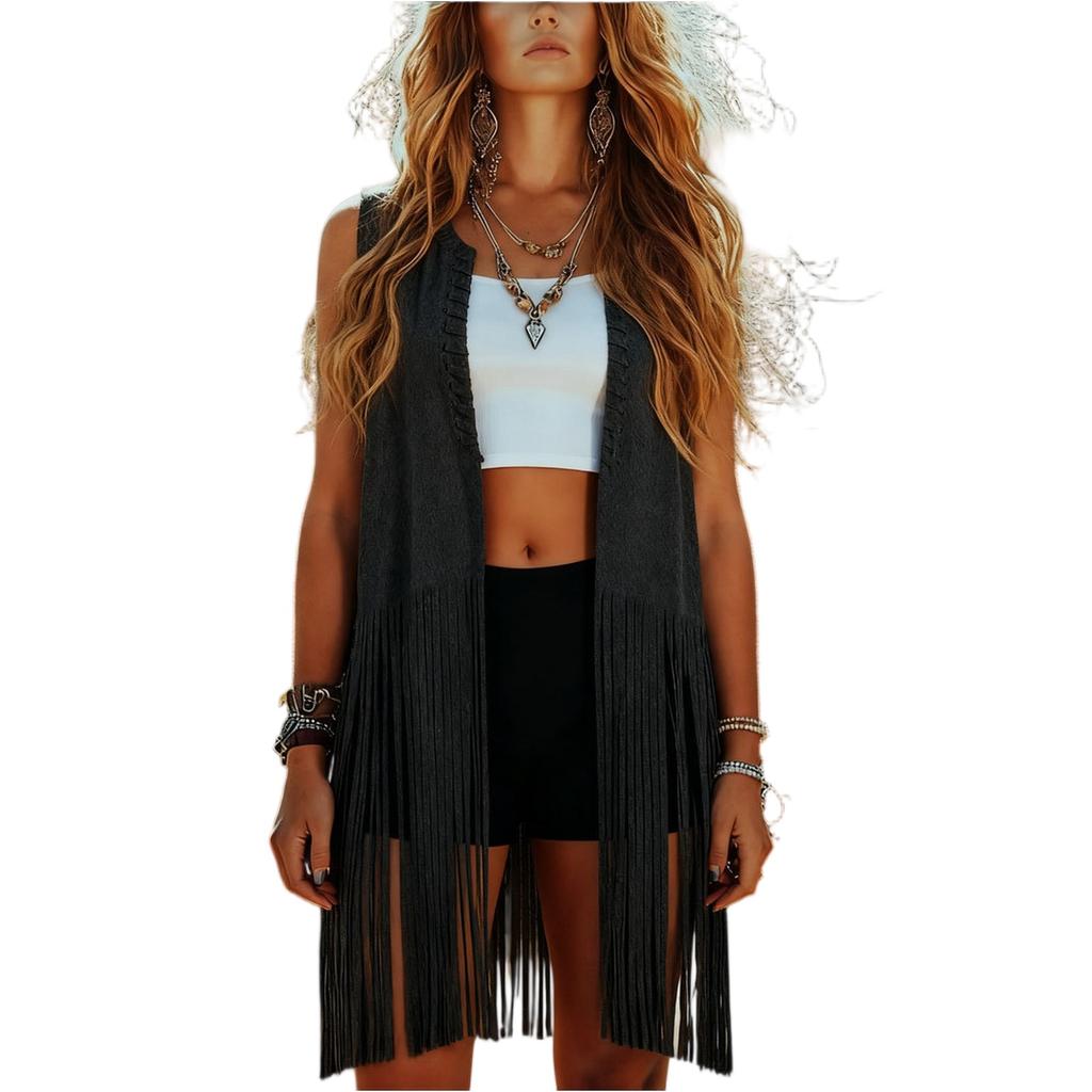 Fashionable Women's Shawl- Fringed Vest, Sleeveless Mid-length Vest.