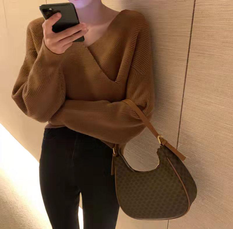 Koreanischer schicker Vintage-Strickpullover mit V-Ausschnitt und Fledermausärmeln für Damen
