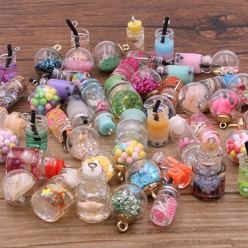 10Pcs 8-30 Styles Mix Glass Bottles Milk Tea Cup Ball Earring Charms Diy Findings Keychain Bracelets Pendant For Jewelry Making