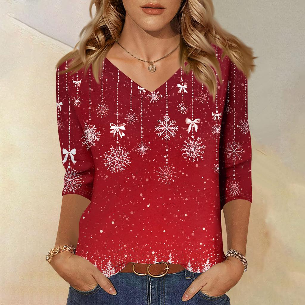 3/4 Sleeve Shirts For Women Print Christmas Tees Blouses Casual Plus Size Basic Tops Pullover