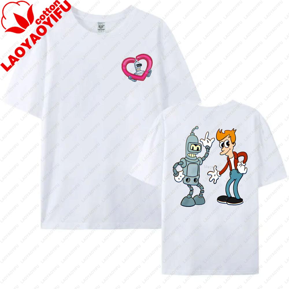 Funny Futurama Tees Robot and Boy Cartoon Design Unisex Cotton TShirt Casual Summer Wear Trendy Graphic Tee for Unisex Women