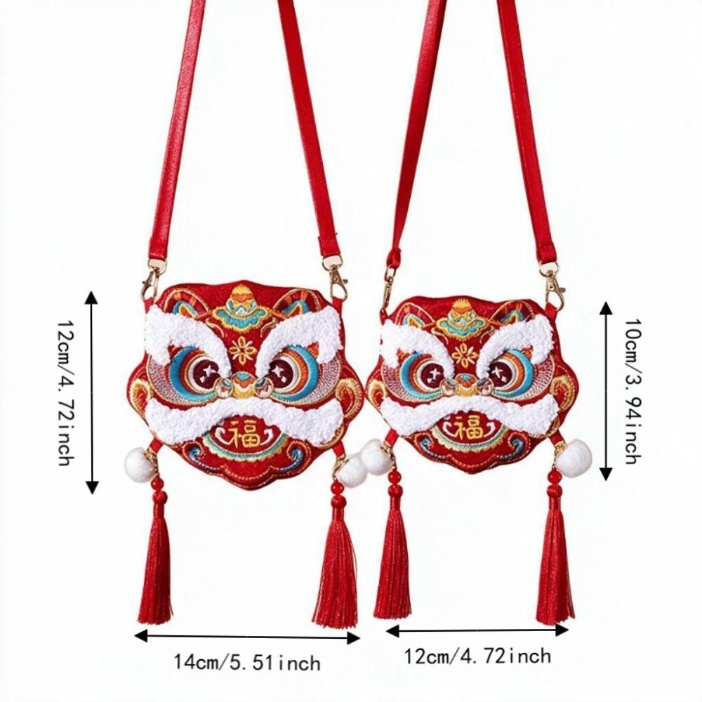 3D Embroidery Fabric Lion Dance Red Envelope Chinese Style Red Pocket Festive Crossbody Bag Gift