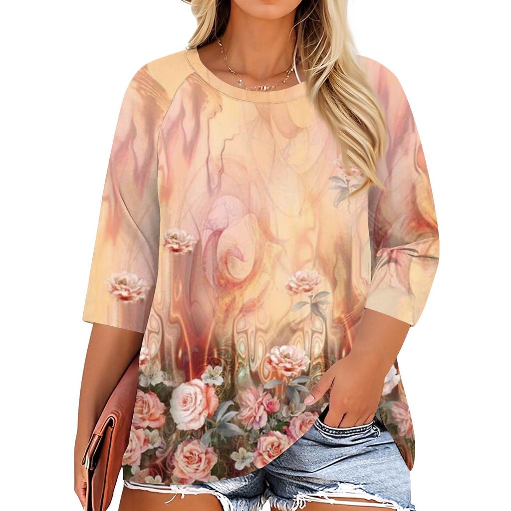 Women's Fashion Casual Print Round Neck 3/4 Sleeve T-Shirt Top
