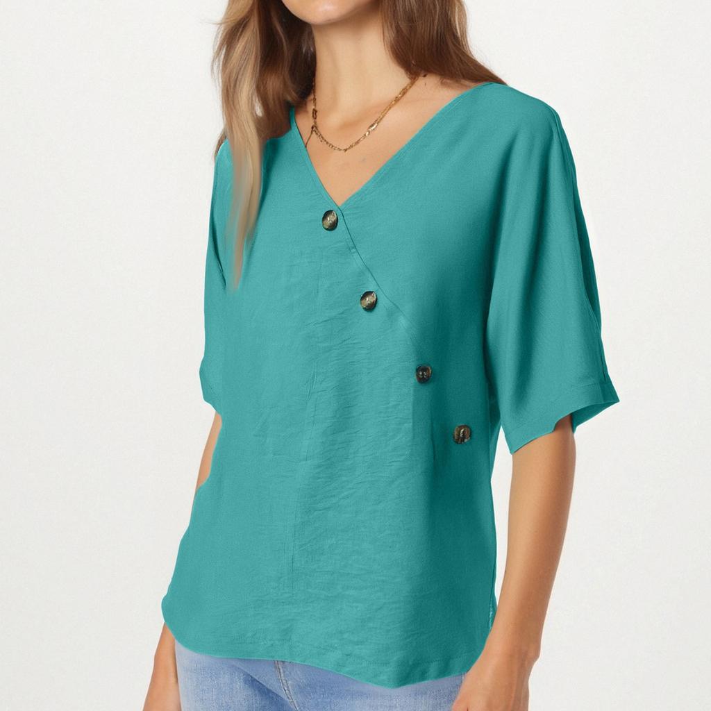 Women's Fashionable Loose Casual V-Neck Solid Color Button Up Top Solid Color Button Up Top