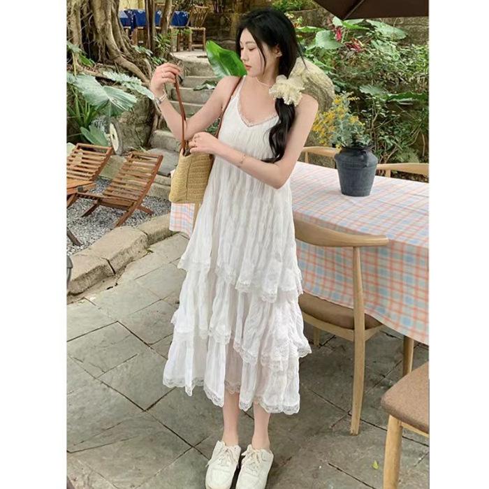 Women's Summer Chiffon Lace-Trim Spaghetti Strap Long Dress - Sweet, Waist-Cinching Style