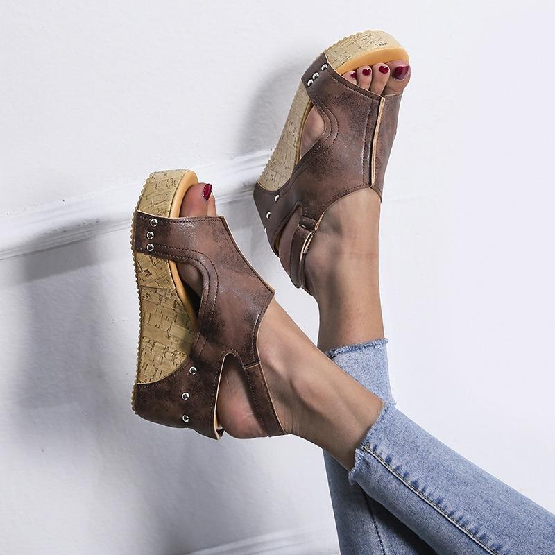 Summer New Fish Mouth Retro Wedge Heel High Heel Water Table Sandals Open Toe Velcro Hollow Platform Women's Sandals