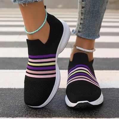 Moda arco-íris listrado tricô tênis para mulheres malha respirável plataforma sapatos esportivos mulher plus size antiderrapante casual tênis sapatos