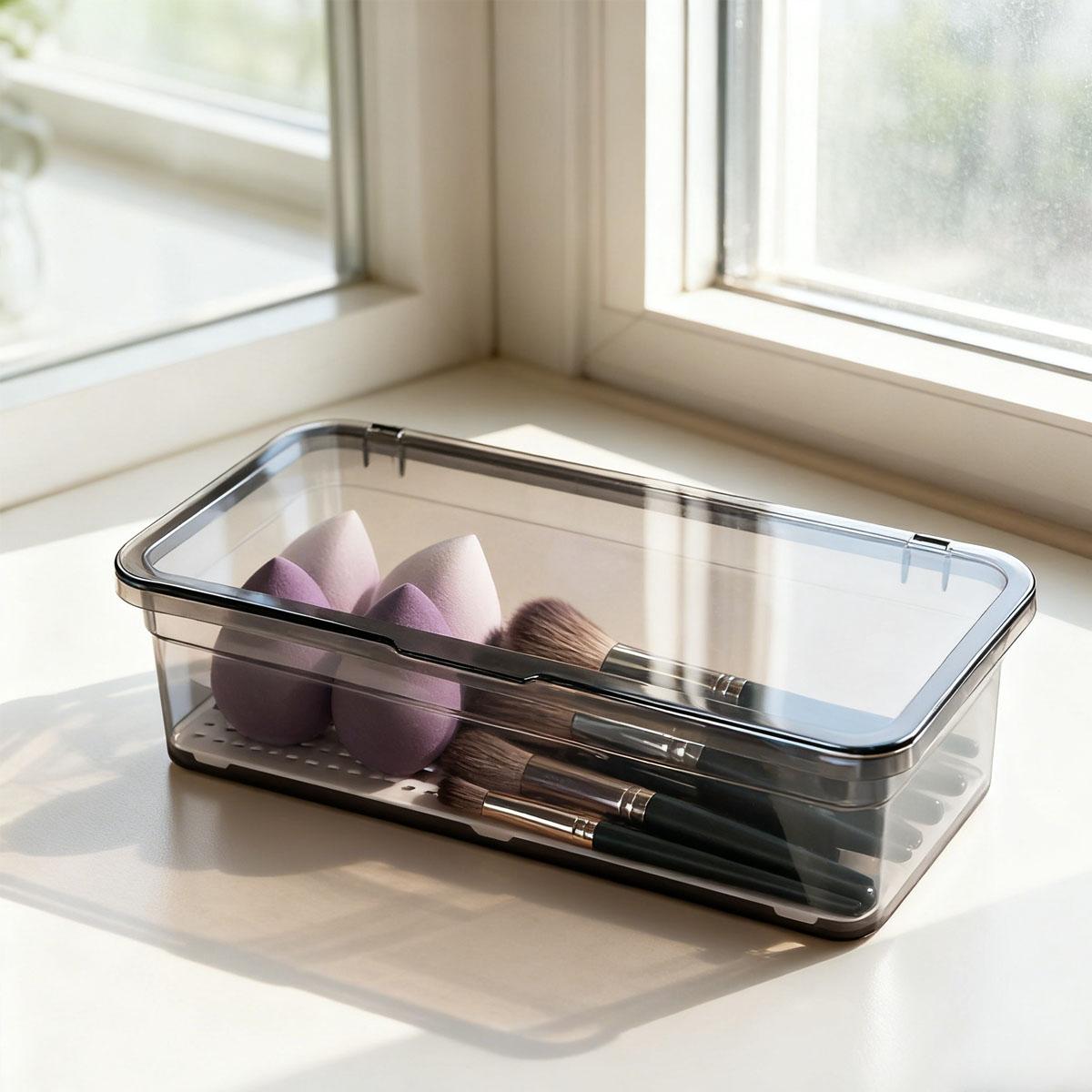 

1pc-Makeup Brush Storage Box with Transparent Dust-proof Cover and Large Capacity Storage Box for Dressing серый