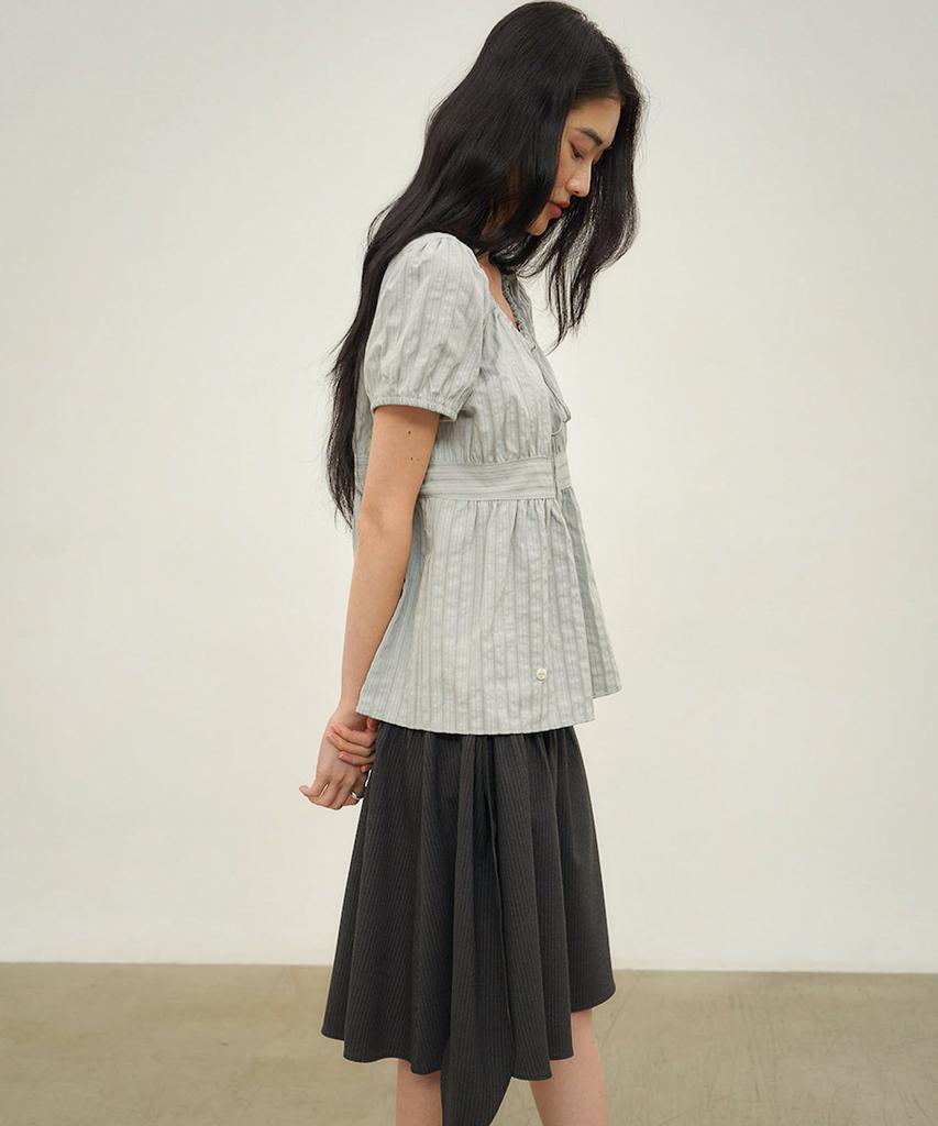 OURO Stripe Puff Blouse [ Gray ]