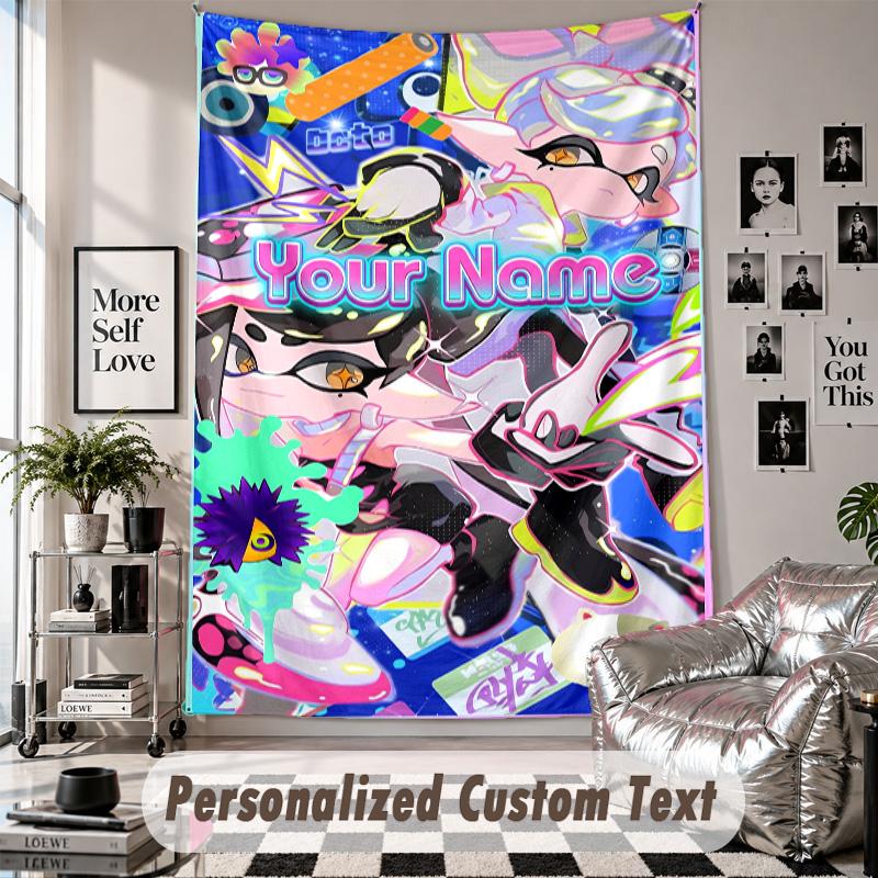 Wall Hanging Tapestry With Custom Name & Text, Splatoon Decorative Tapestry For Bedroom
