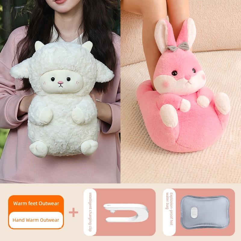 Hot Water Bottle, Rechargeable Hand Warmer, Explosion-Proof Plush Belly Warmer, Cute Hot Water Bag for Women's Bedding