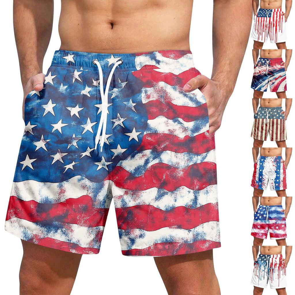 Men's Independence Day print lace-up shorts Casual pants