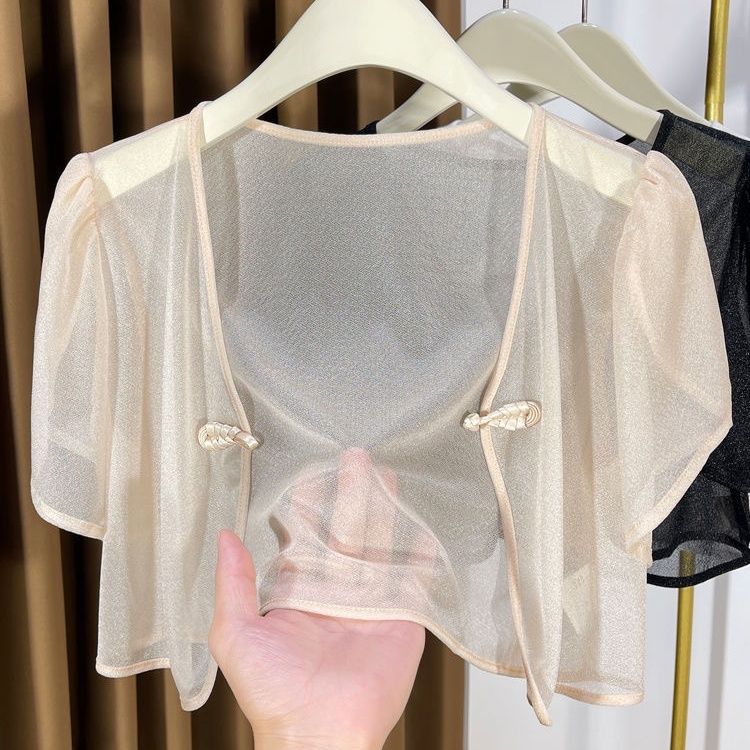 

Ношение кардигана с короткими рукавами для женщин летом, солнцезащитная шаль с пряжкой в виде диска, тонкий чехол для женщин XL абрикосовый