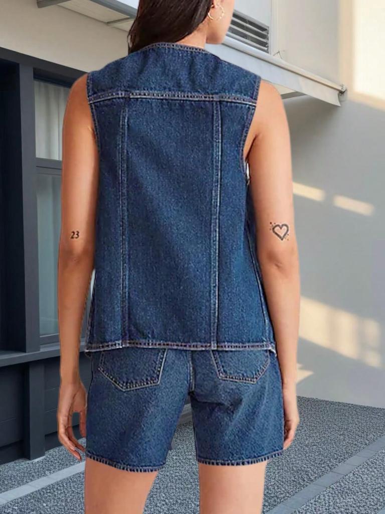 Women's Denim Vest Button Down V Neck Sleeveless Casual Jean Jacket