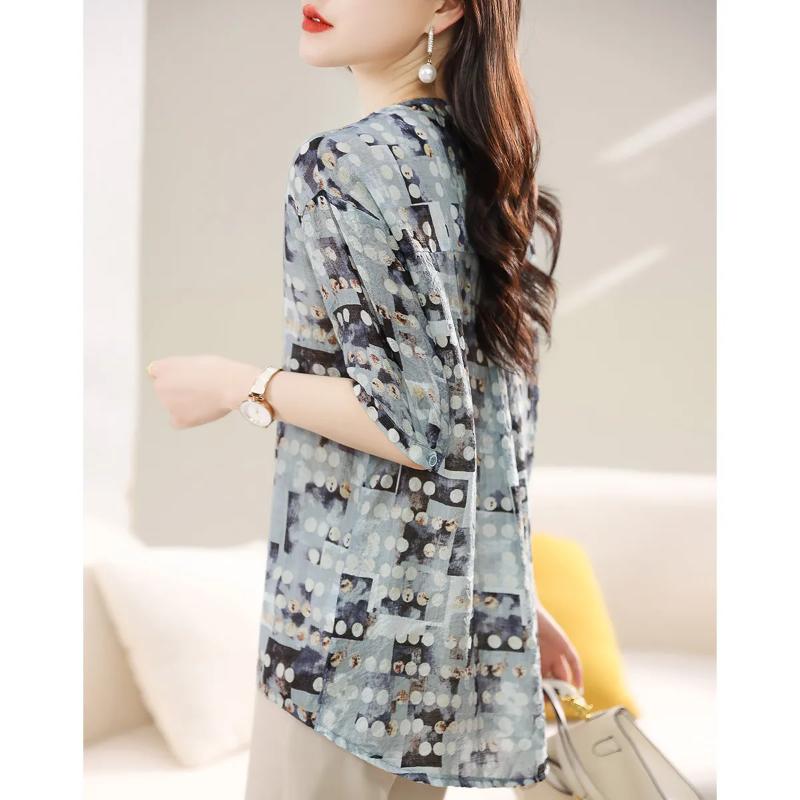 Fashionable Retro Polka Dot Five Quarter Sleeved Shirt Summer Loose Fit Revealing Belly Mid Sleeved V-neck Top