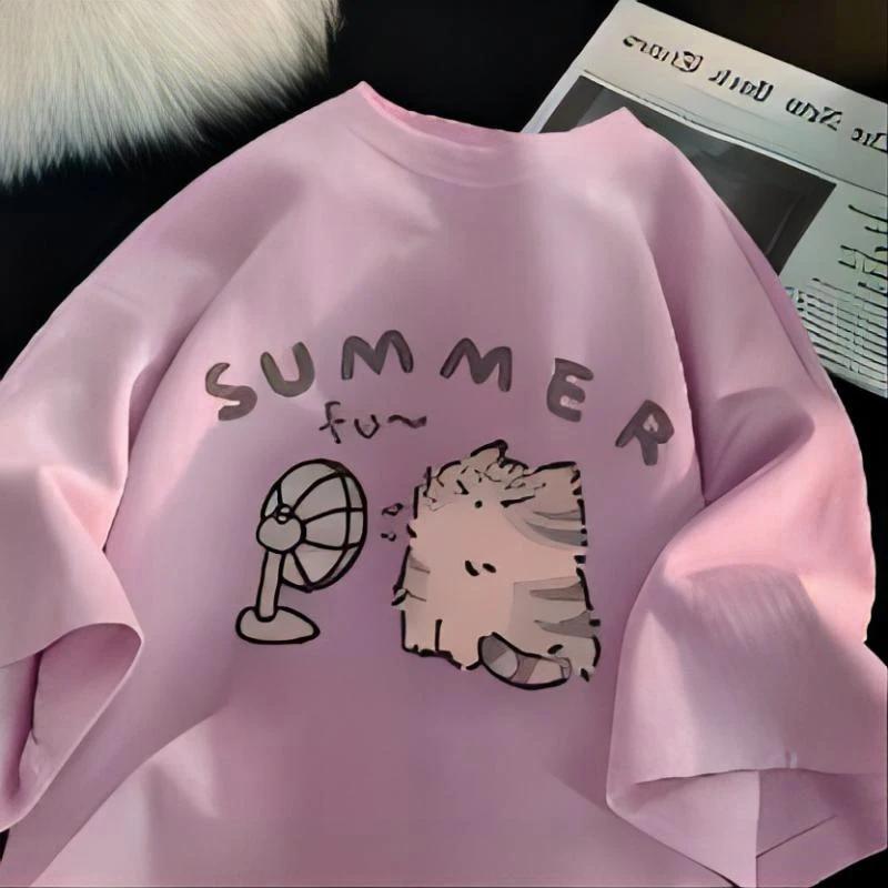 Korean Fashion Street Creative Blow Fan Cat Printing Tshirt for Women Summer Comfortable Short Sleeve Graphic Couple Clothes