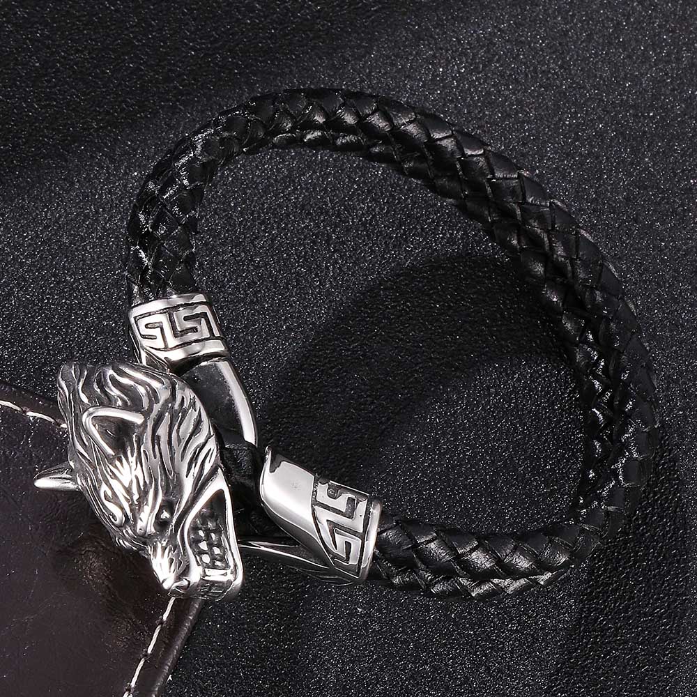Punk Dobbeltlags Ekte Lær Armbånd Menn Sølvfarget Ulvehode Armringer Mote Smykker Gave
