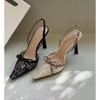 2026 New Design Sense Embroidered Lace Bow High Heels Stiletto with Pointed Temperament Sexy Overhead Sandals