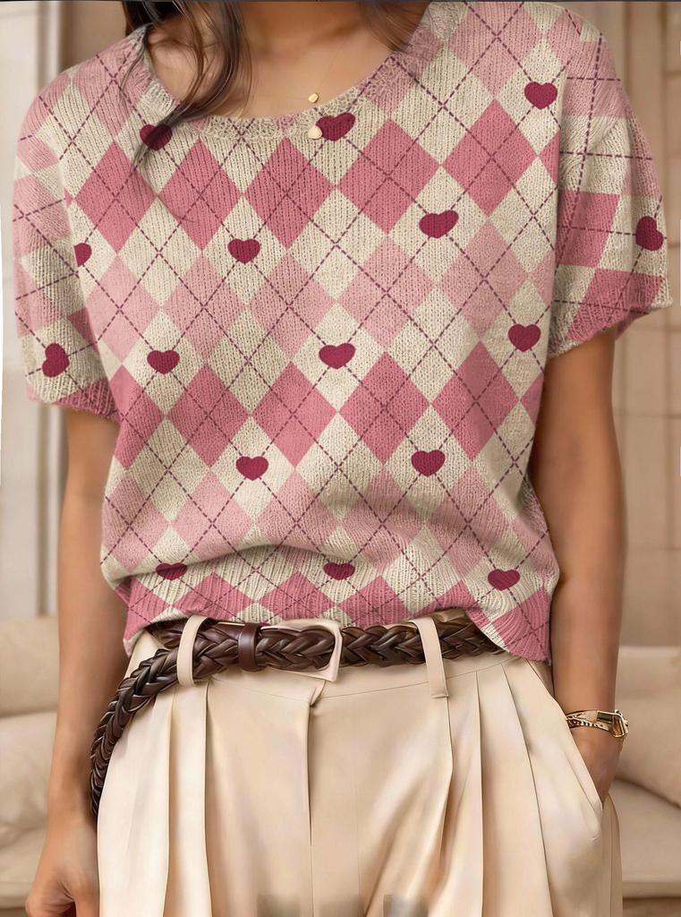 Top Maglione Girocollo a Maniche Corte Jacquard Color Block Retrò 2026