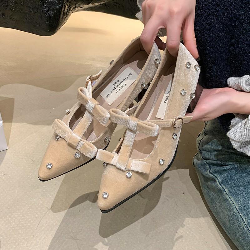 Rivet Designer High Heels Women Pointed Toe Elegant Office Women Shoes Spring Autumn Fashion Suede Low Heel Mules Pumps Women