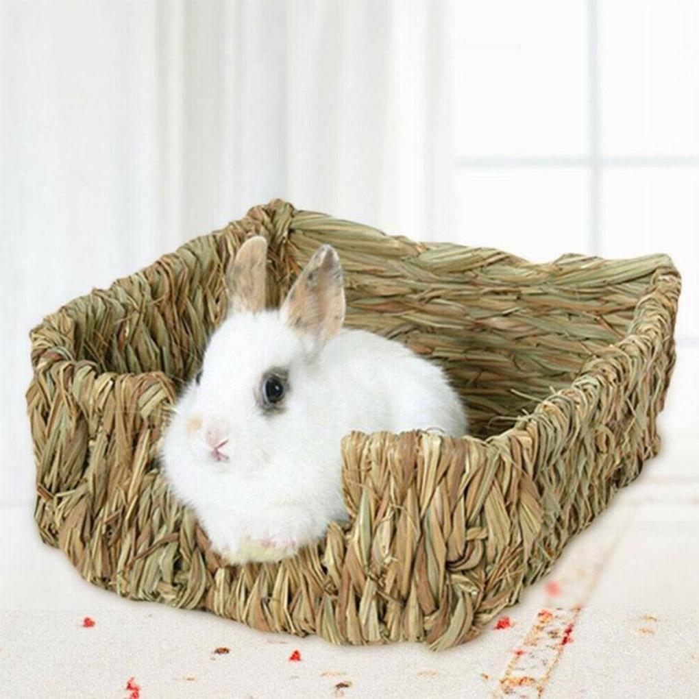Woven Straw Nest Rabbit Guinea Pigs House Rectangular Shape Pet Cage Accessories Cottage Chew Toys Playing Nesting Bed
