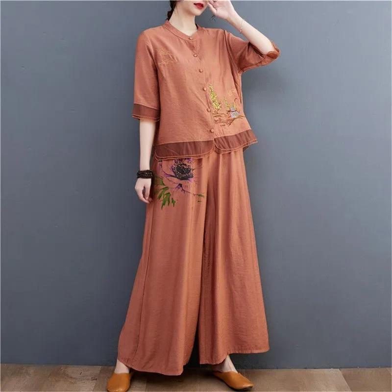 

Брючный костюм в этническом стиле, женский, верхняя одежда из рами, летний хлопковый льняной кардиган с вышивкой, свободный комплект из двух предметов для мам L оранжевый