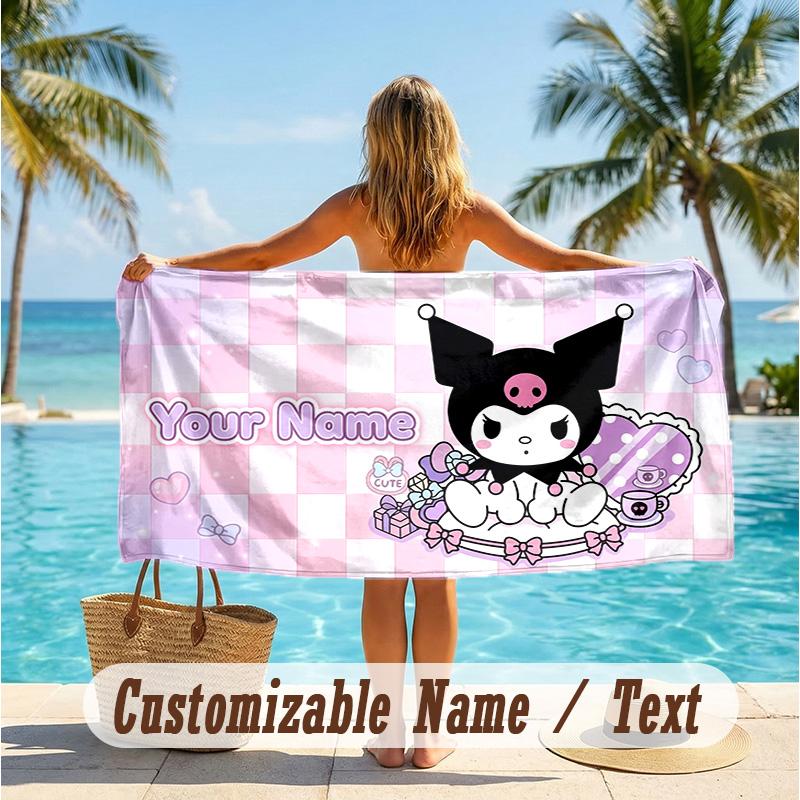 Custom Text Beach Towel, Soft Absorbent Swimming Multi-use TowelKuromi