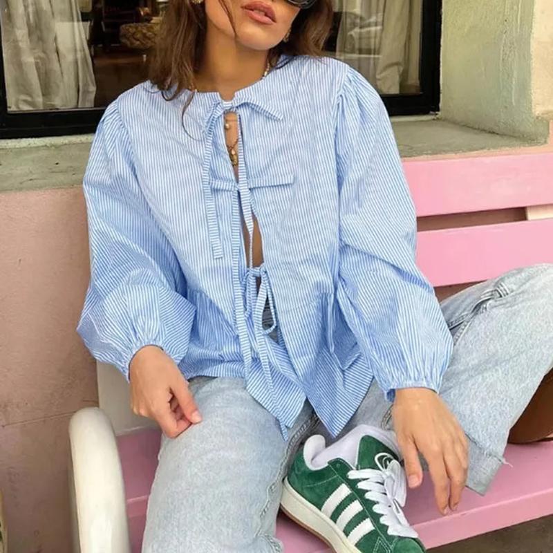 

ZANZEA Womens Long Sleeve Lace-up Bow Knot Striped Casual Blouse XL