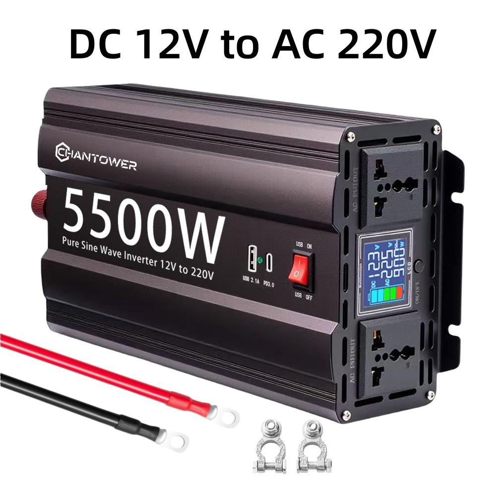 Pure Sine Wave Inverter 12V 220V 2000W/3000W/4400W/5500W DC To AC Converter Car Power Solar Inverter with Fast Charging USB C