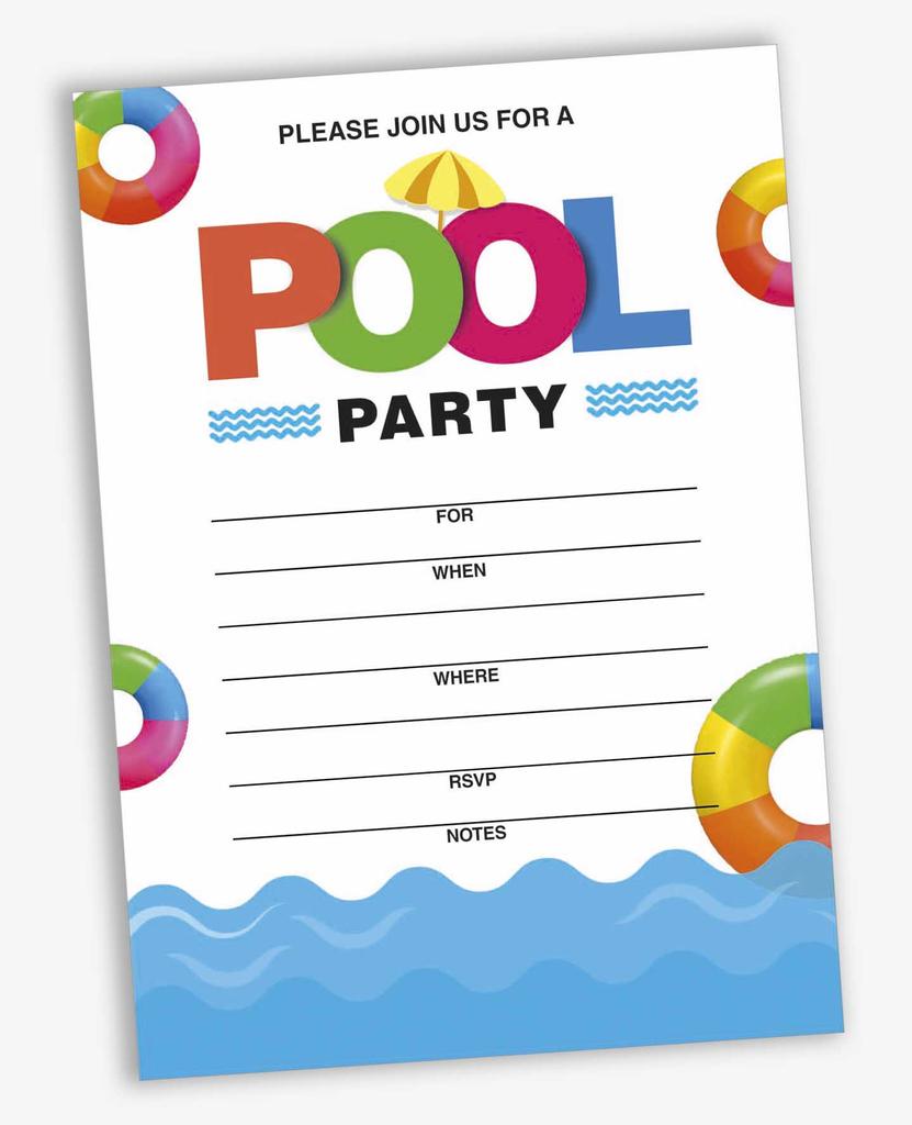 Inkdotpot Pack Of 30 Pool Party Invitations, Birthday Party Invites With Envelopes, Kids/Adult Pool Party Fill-In Style 5 X 7 Inches