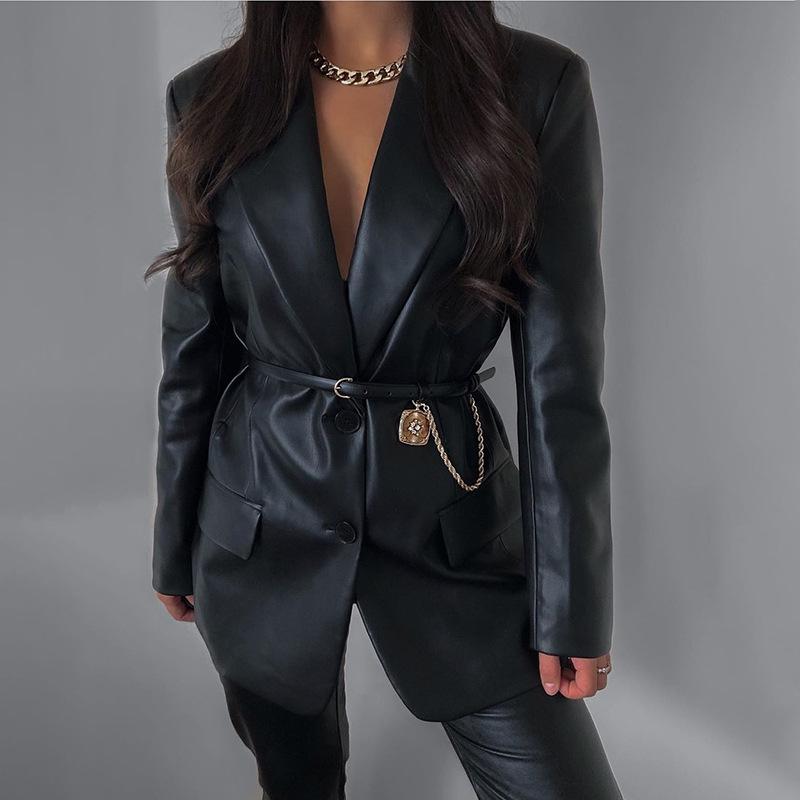 Blazer lungo con tasca finta con risvolto in pelle nera casual moda donna autunno