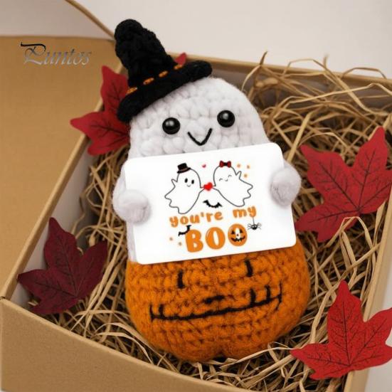 Portable Travel Friendly Charm Hand Knitted Halloween Ghost Ornament, Crochet Plush Doll with Whimsical Witch Hat Pumpkin Encouragement Card,