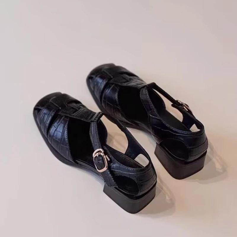 Women's Sandals Cover Toe One-line Buckle Square Heel Heel Wrap Shoes Women Leisure Career Roman Square Toe Sandalias De Mujer