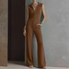 Women's Sleeveless Wide Leg Jumpsuit with Lapel Collar and Front Zipper Pockets