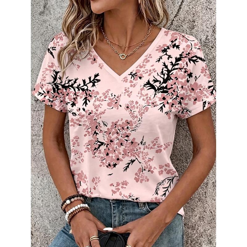 Women's V-Neck Light Pink Floral Print Short Sleeve T-Shirt, Casual Tops for Spring & Summer