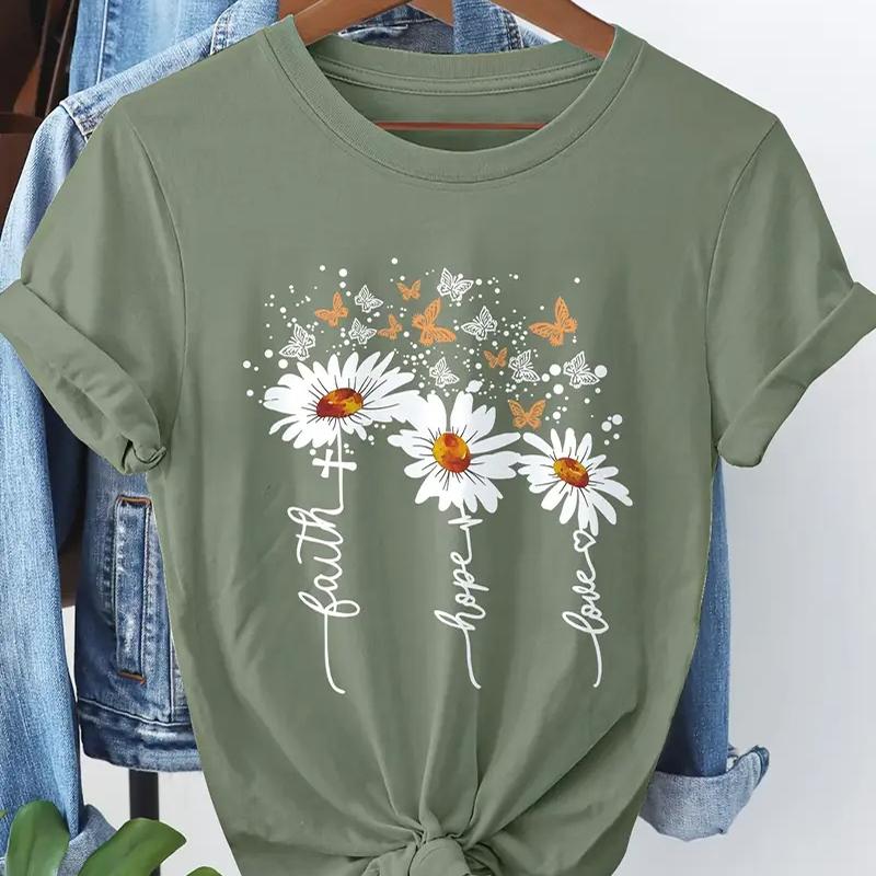 Women Summer T Shirt Retro Fashion Short Sleeve Tees Casual Flower Printed  Tops