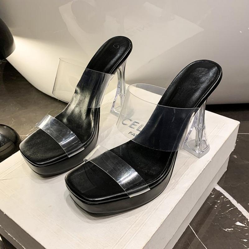 

Летние женские туфли-лодочки, сандалии 9 см, прозрачные тапочки, пикантные женские прозрачные тапочки на высоком каблуке с открытым квадратным носком, прозрачные сандалии на каблуке 42 чёрный